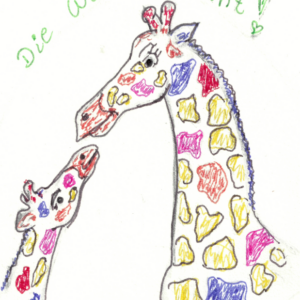 Zeichnung, bunt: große und kleine Giraffe mit dem Text "Die Welt ist Bunt"