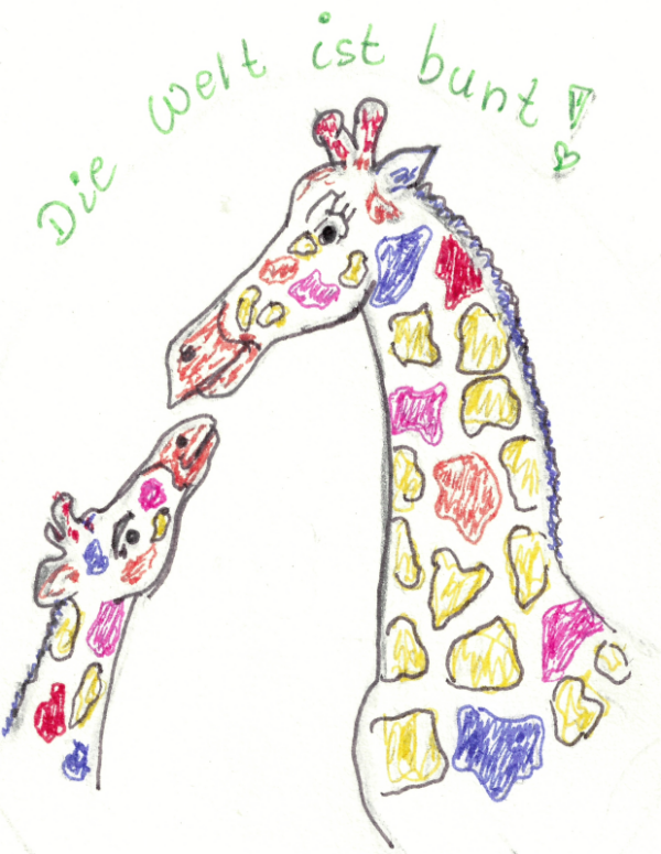 Zeichnung, bunt: große und kleine Giraffe mit dem Text "Die Welt ist Bunt"