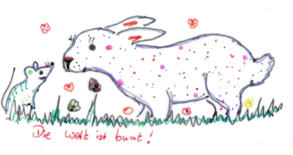 Zeichnung, bunt: Maus und Hase, die sich beschnüffeln, mit dem Text "Die Welt ist Bunt"