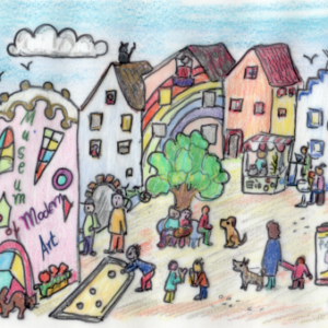 Eine Zeichnung eines freien Platzes inmitten von vielen bunten Häusern. Auf dem Platz spielen Kinder.