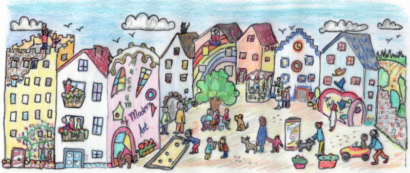 Eine Zeichnung eines freien Platzes inmitten von vielen bunten Häusern. Auf dem Platz spielen Kinder.