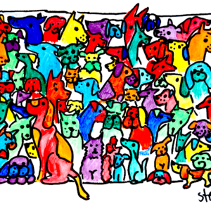 Ganz viele bunte Hunde und eine einzelne Katze