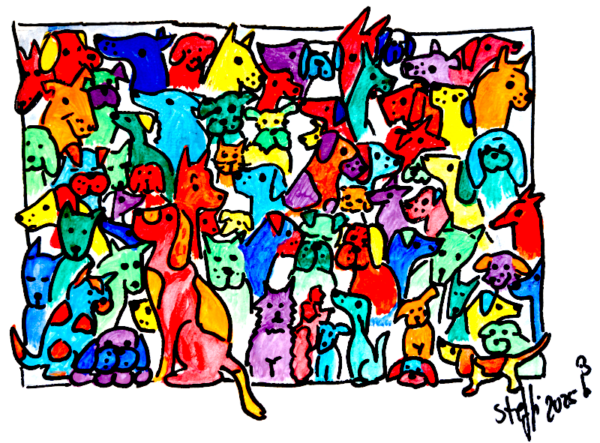 Ganz viele bunte Hunde und eine einzelne Katze