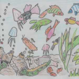 Gezeichnetes Bild mit Pflanzen und vielen bunten Fischen