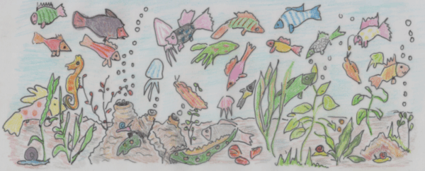 Gezeichnetes Bild mit Pflanzen und vielen bunten Fischen