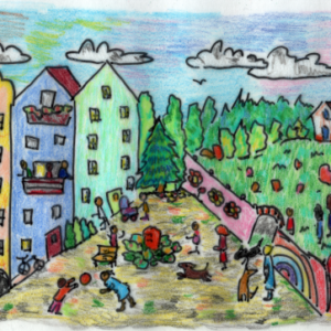 Ein freier Platz, eingerahmt von Häusern, auf dem Kinder spielen.