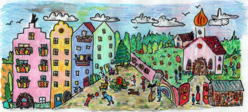 Ein freier Platz, eingerahmt von Häusern, auf dem Kinder spielen.