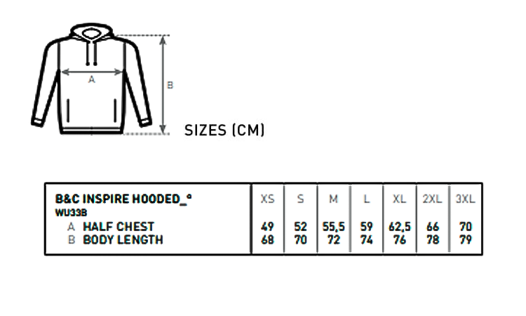 Size Chart in cm - Größe | Brustweite | Länge - XS | 49 | 68 - S | 52 | 70 - M | 55,5 | 72 - L | 59 | 74 - XL | 62,5 | 76 - 2XL | 66 | 78 - 3XL | 70 | 79