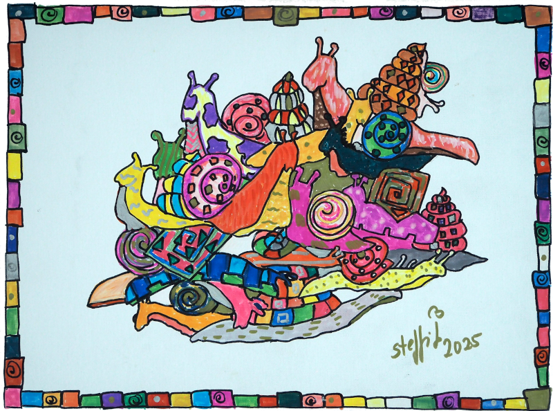 Viele bunte Schnecken auf einem Haufen, das Bild hat einen Rahmen aus bunten Klötzchen