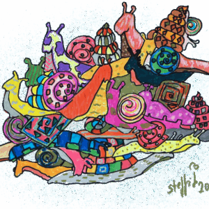 Viele bunte Schnecken auf einem Haufen, eine Schneckencarambolge