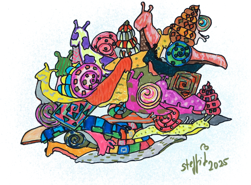 Viele bunte Schnecken auf einem Haufen, eine Schneckencarambolge