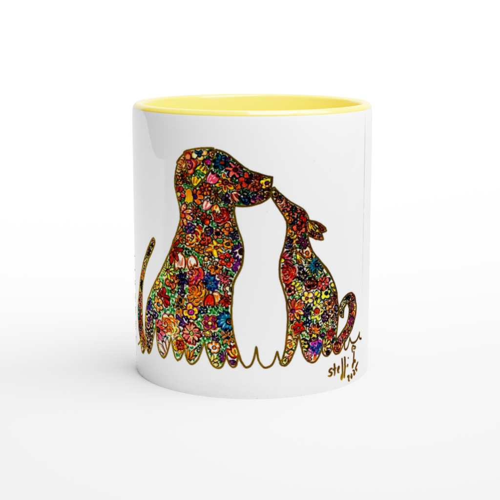 Tasse mit dem Motiv "Henry H.Lunke & Socke", ausgemalt mit kleinen Blumen