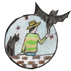 Ein Kind sitzt auf einer Mauer und hält einer Fledermaus auf der rechten Seite eine Hand entgegen. Auf der linken Seite des Kindes sitzt eine schwarze Katze.