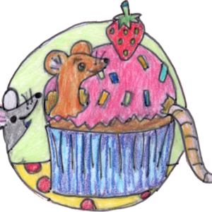 2 Mäuse knabbern an einem kleinen Törtchen mit Erdbeere