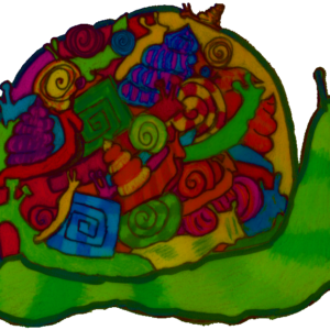 Eine bunte Schnecke mit bvielen anderen Schnecken im Schneckenhaus