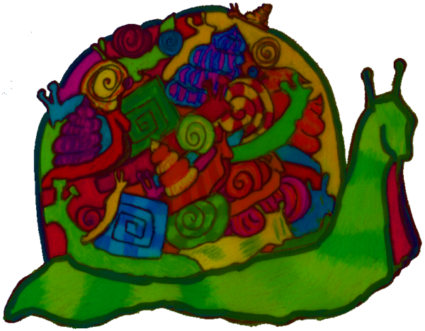 Eine bunte Schnecke mit bvielen anderen Schnecken im Schneckenhaus