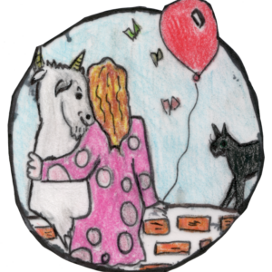 Ein Kind sitzt auf einer Mauer und kuschelt eine weiße Ziege auf der linken Seite. Mit rechts hält das Kind einen Luftballon. Von ganz rechts spaziert eine schwarze Katze ins Bild.